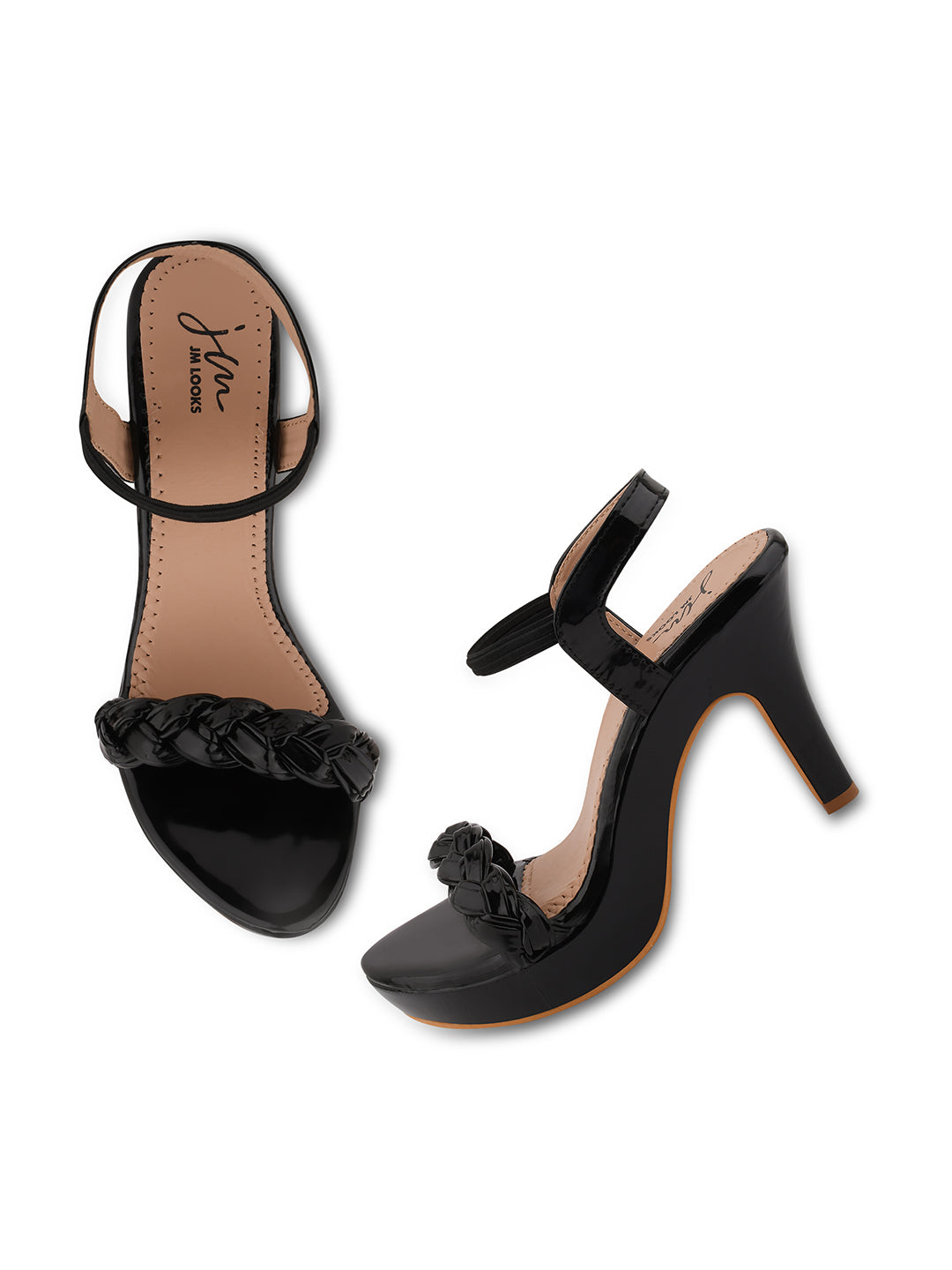 women's platform high heels with a braided strap across the toes and an ankle strap
Black