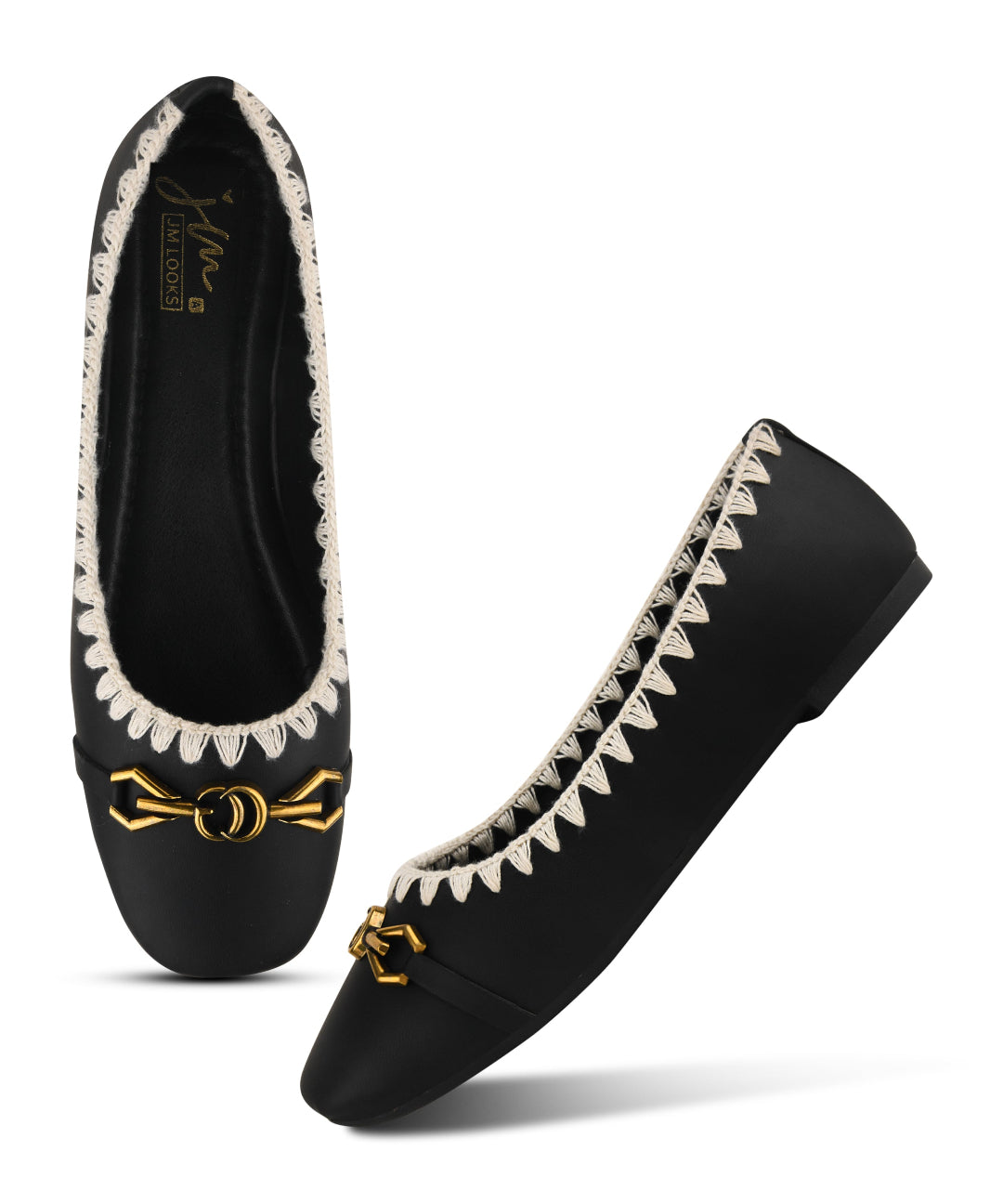 Women Slip-On Round Toe Toe Ballerina Shoes with Chain Link Threaded Border And Black
