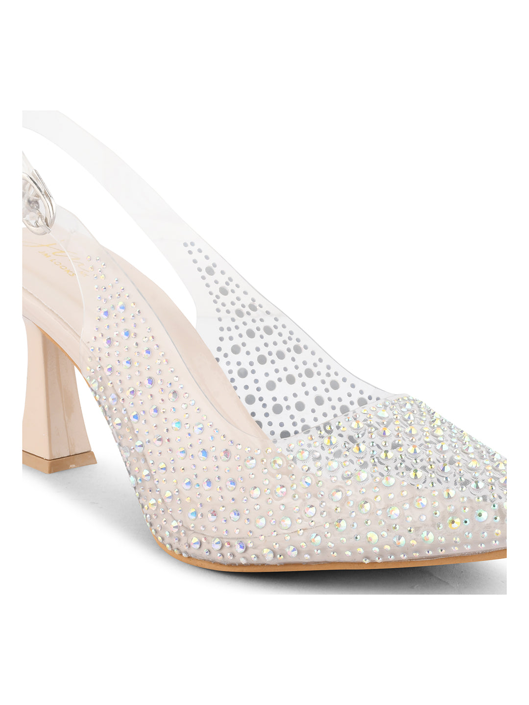 Jm Looks open-toe block heel platform sandals covered in sparkling embellishments
Cream