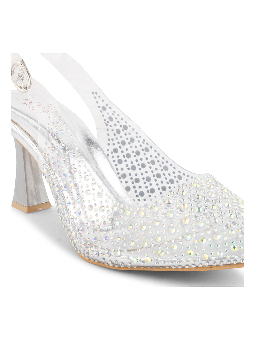 Jm Looks open-toe block heel platform sandals covered in sparkling embellishments
Silver