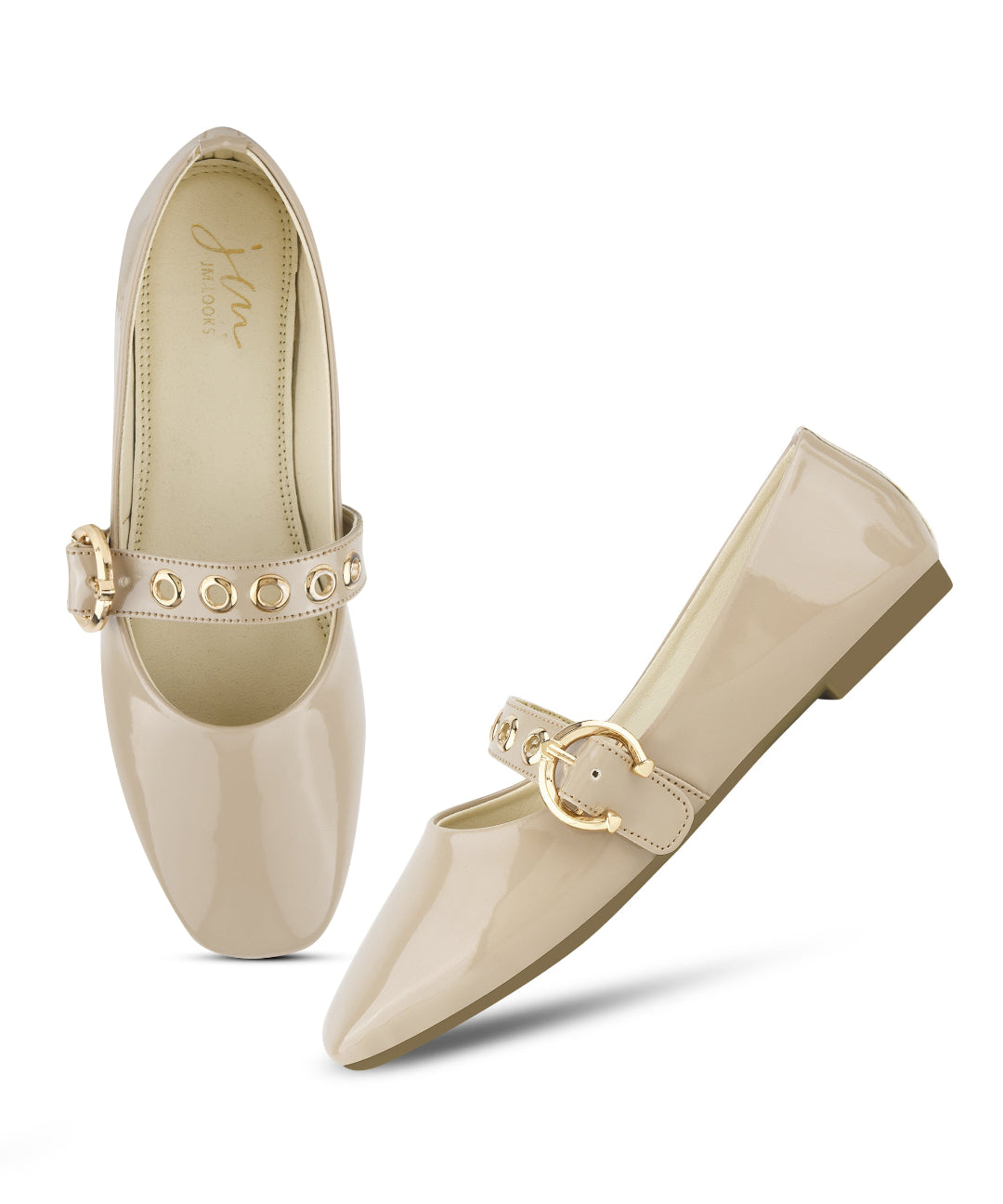 Women’s Embellished Rounded Toe Mary Jane Flats Ballet Loafers with buckle strap Beige