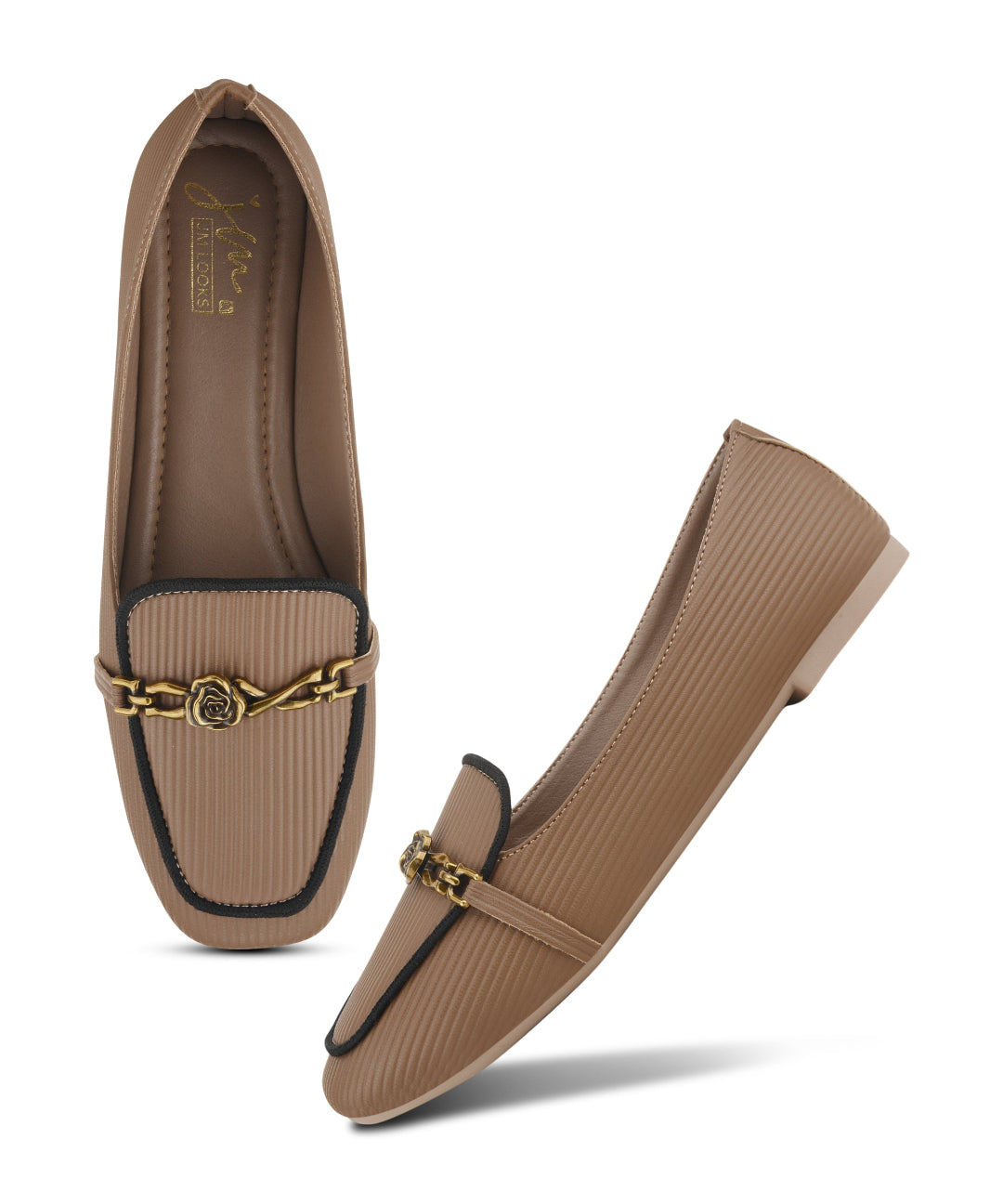 Tan Women Textured Chain Detail Loafers with Cushioned Sole