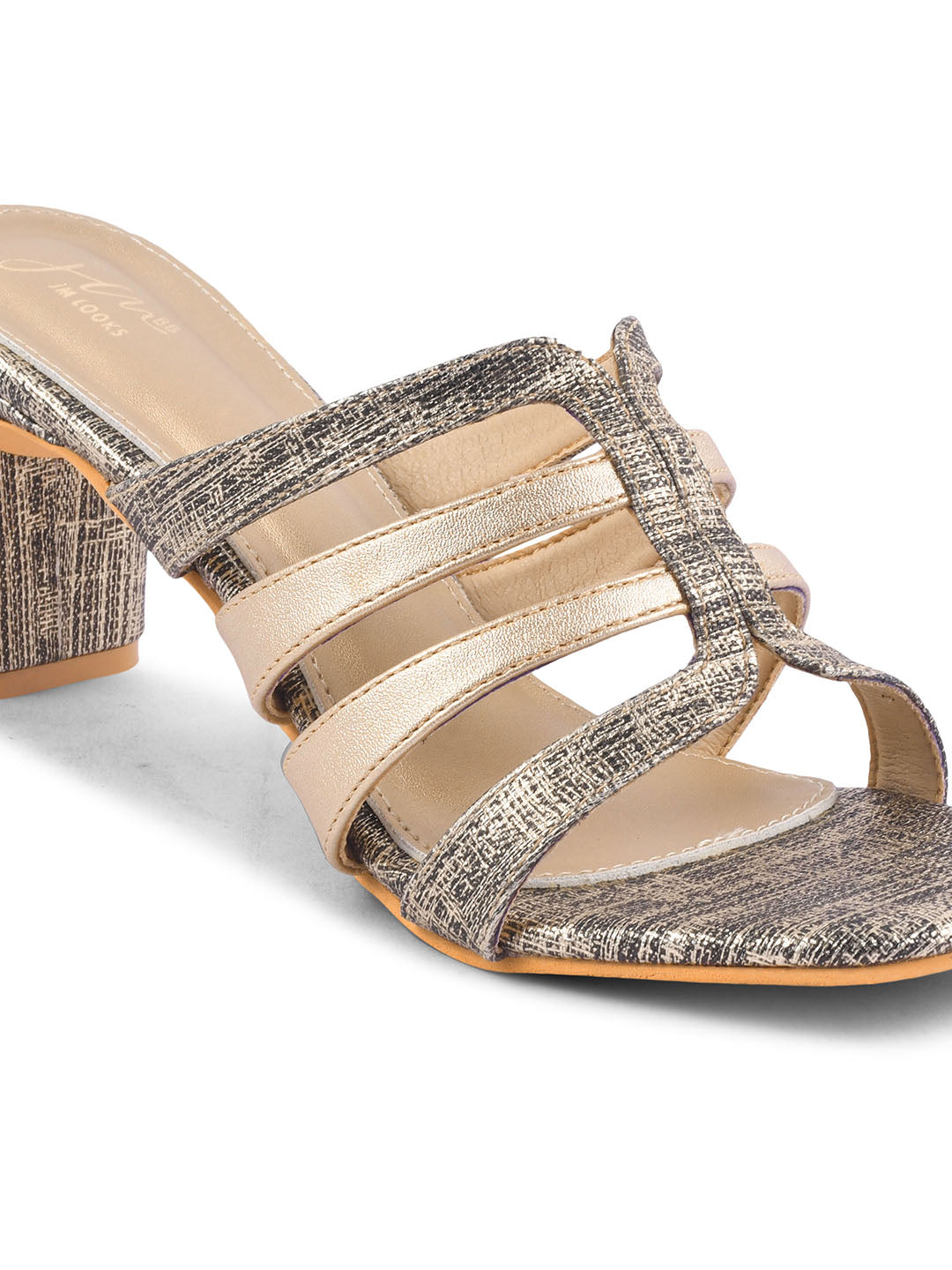 Jm Looks open-toe mules with multiple straps and a textured block heel
Black