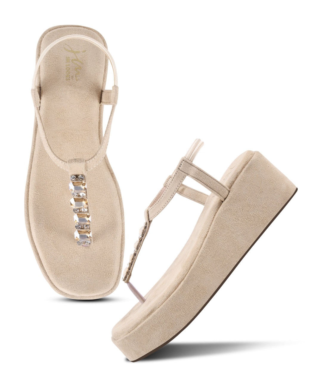 EMBELLISHED women toe post t strap wedge Platform sandals with ankle strap, Suede Finish ladies heel Gold