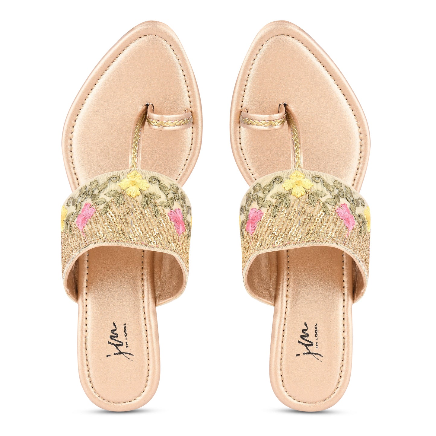 embroidered toe-ring flat sandals with floral and sequin details
Golden