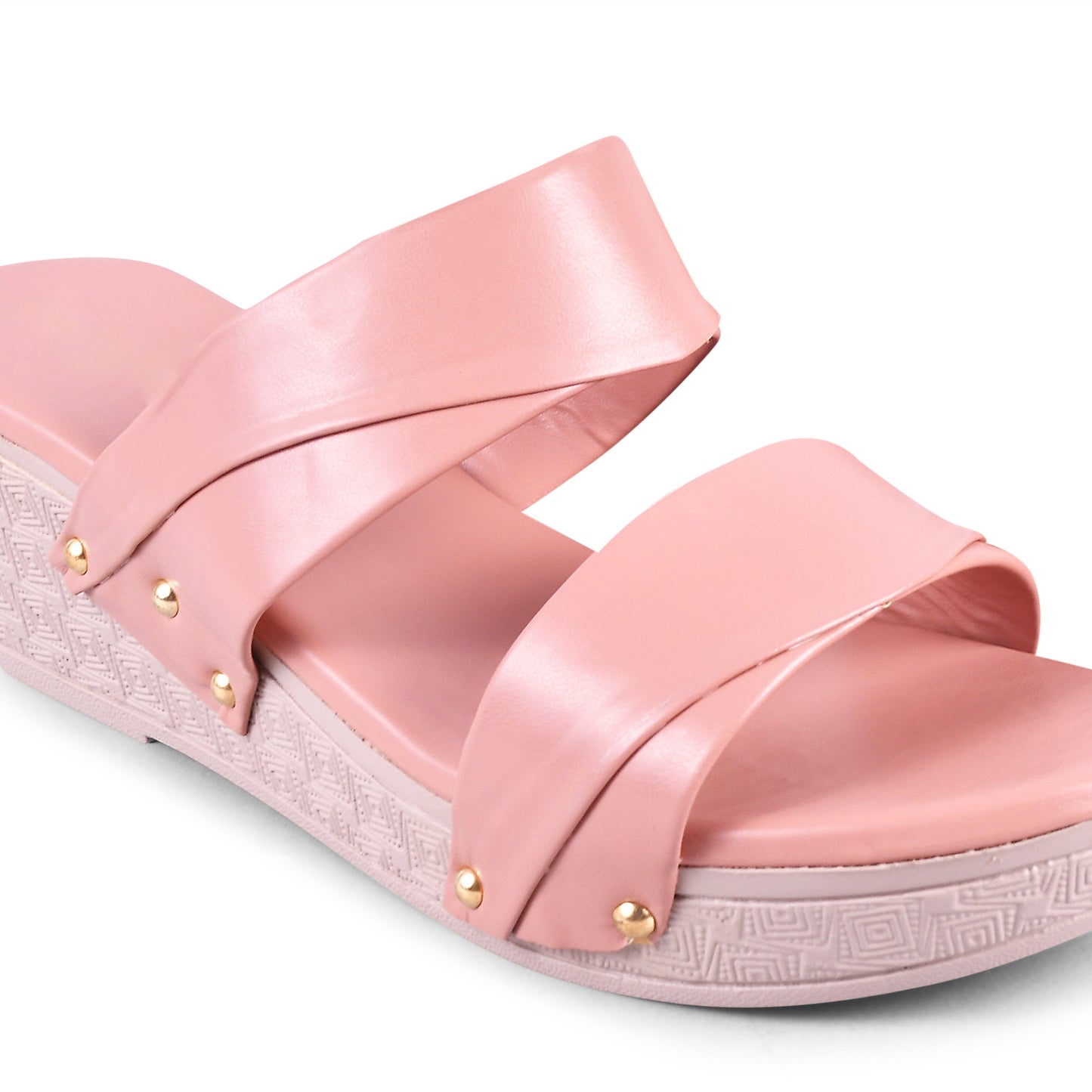 dual strap wedge heel slides with decorative studs
Peach