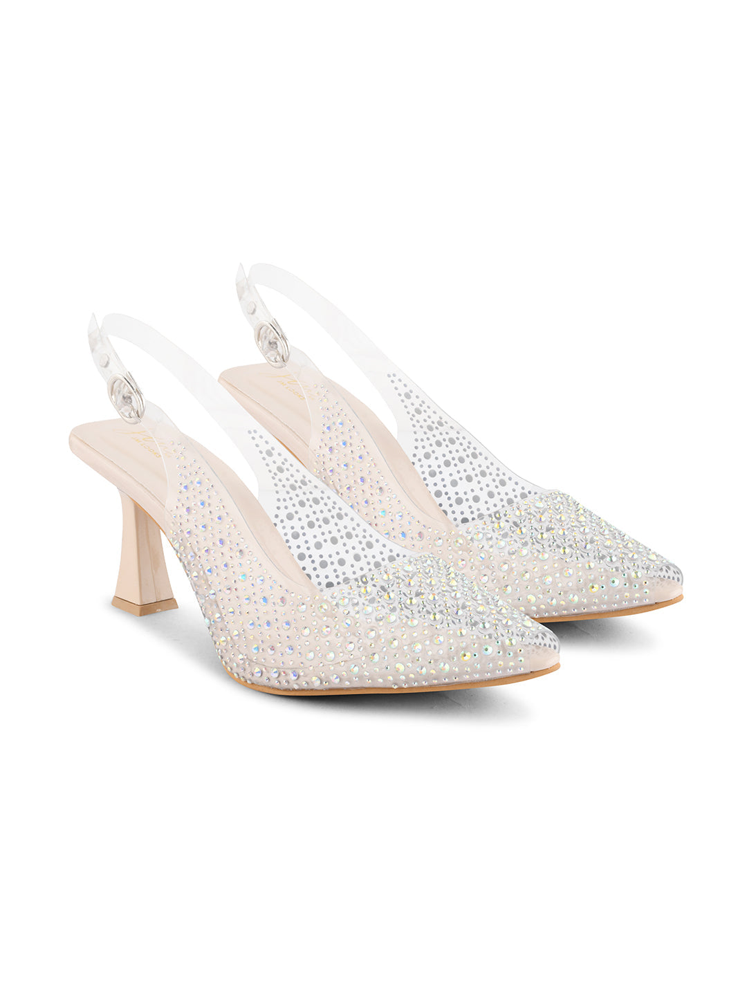 Jm Looks open-toe block heel platform sandals covered in sparkling embellishments
Cream
