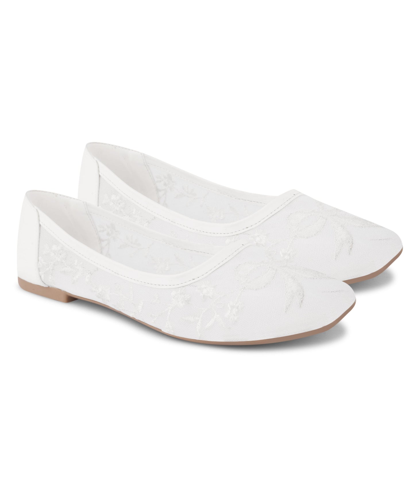 White lace ballerinas for women with floral net embroidery, cushioned insole, round toe, everyday casual wear.