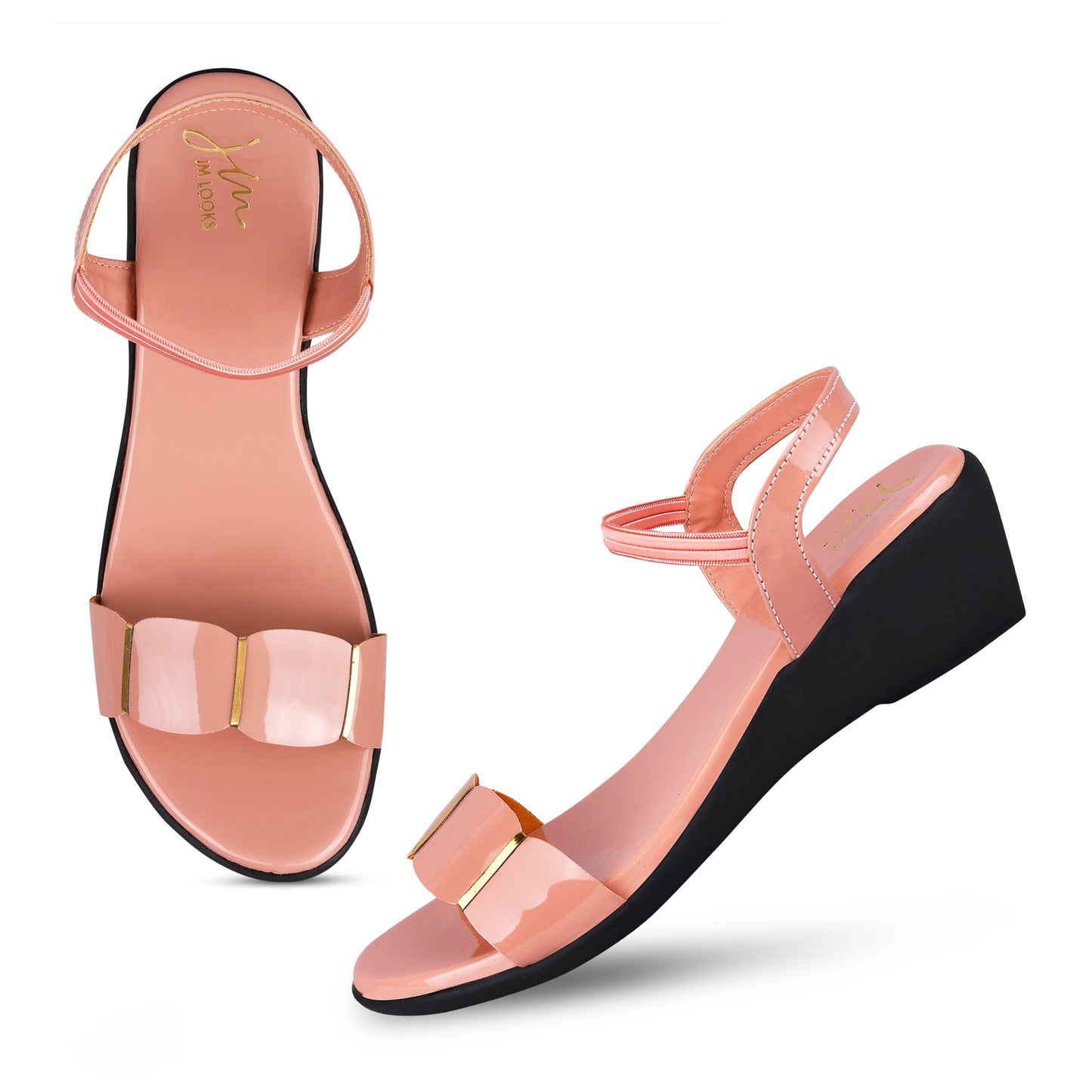 women's patent wedge sandals with a wide strap across the toes and an adjustable slingback strap
Peach