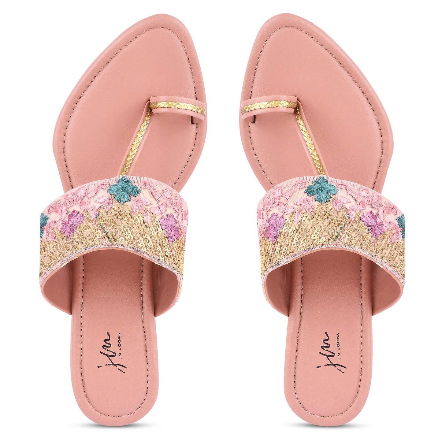 embroidered toe-ring flat sandals with floral and sequin details
Peach