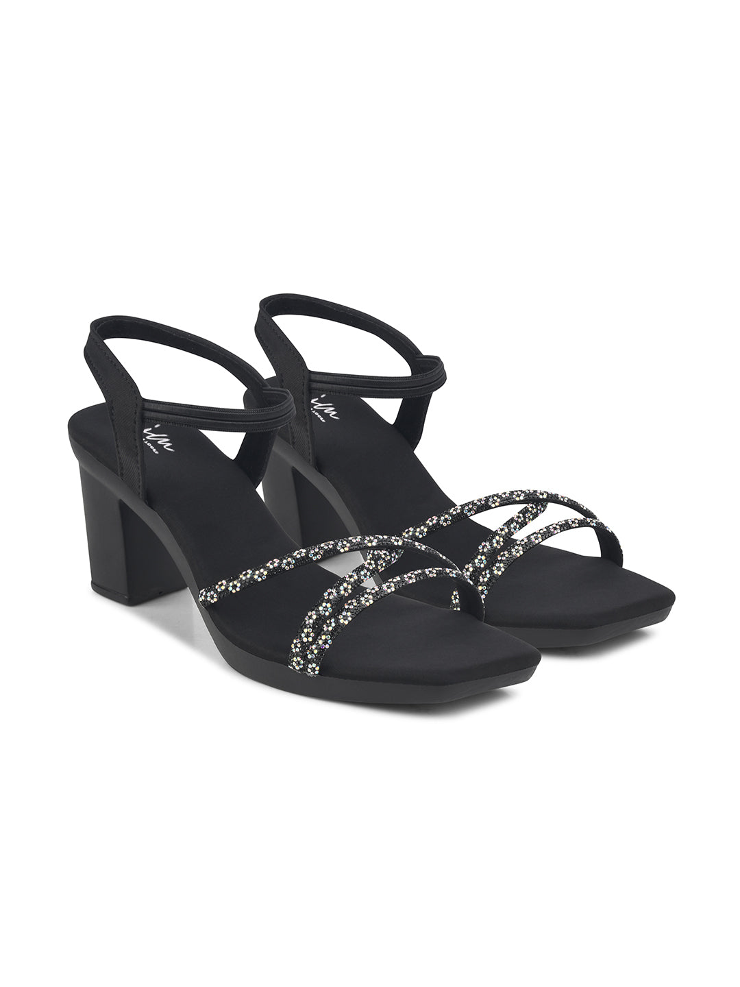 Jm Looks block heels with multiple embellished straps and an ankle strap
 Black