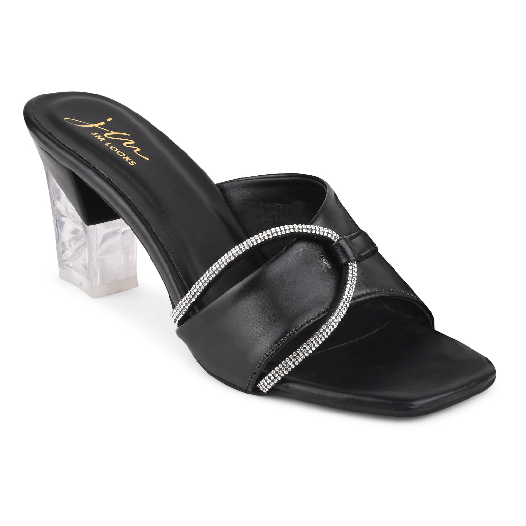 crystal block heel sandals for Women and Girls Black