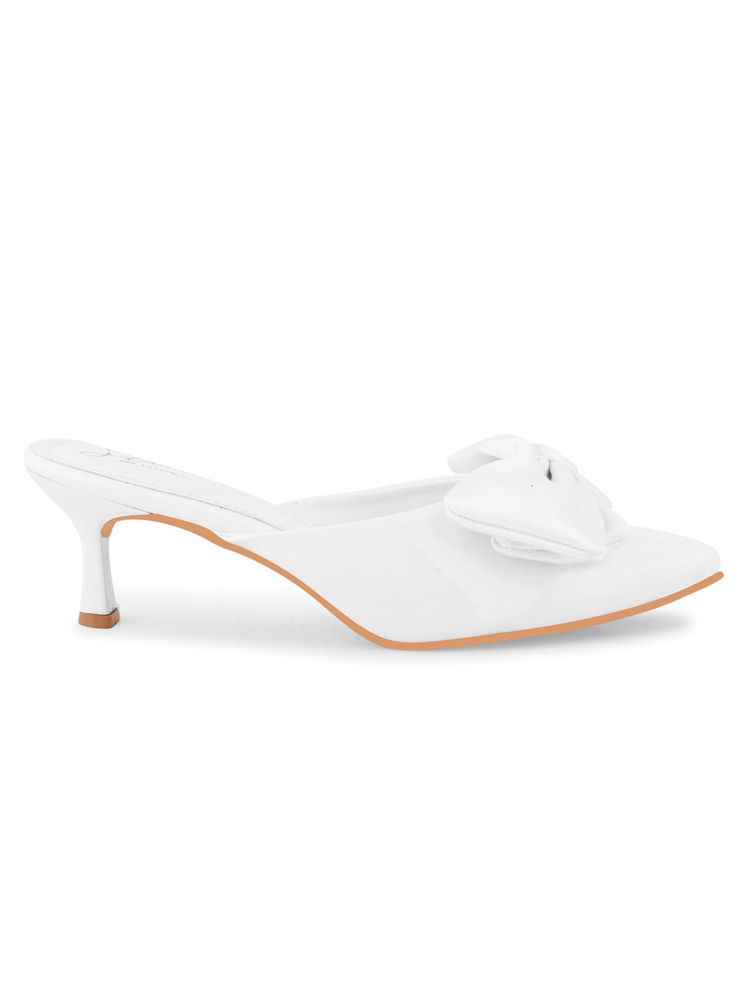 pointed toe heels featuring a large bow detail on the front
White