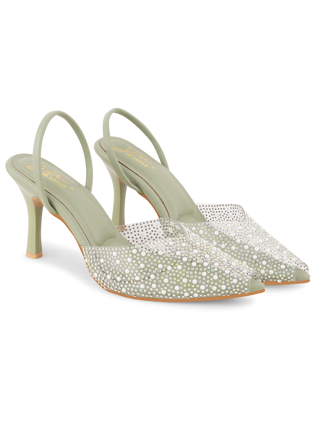 pointed toe slingback heels adorned with sparkling embellishments
Green