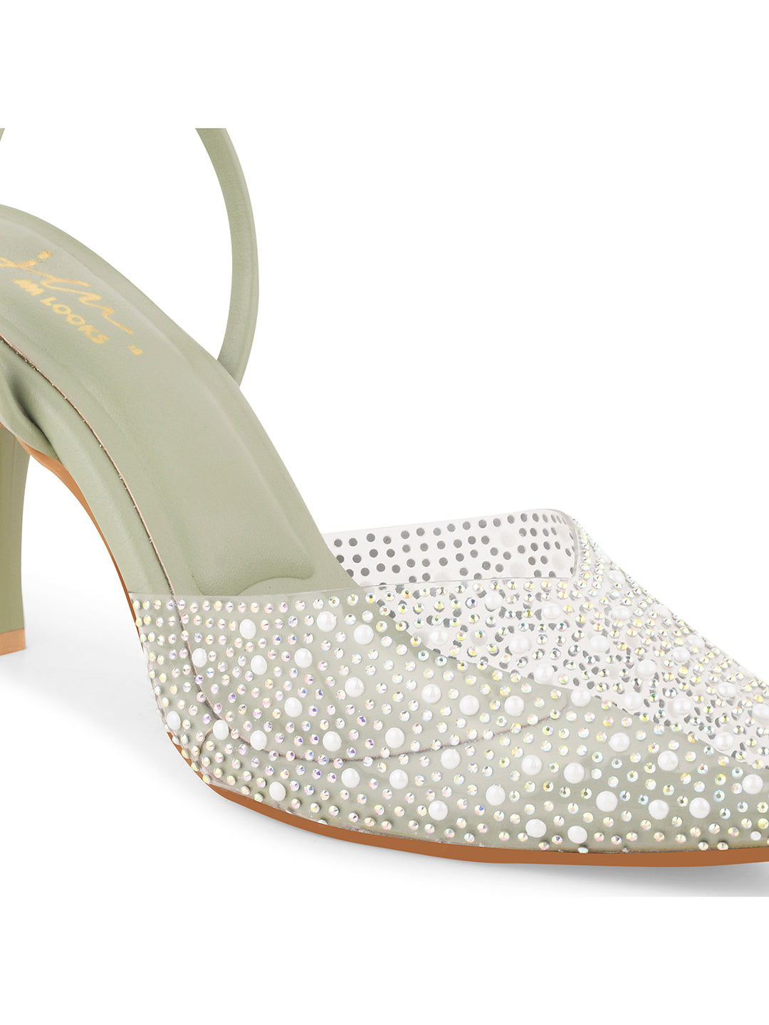 pointed toe slingback heels adorned with sparkling embellishments
Green