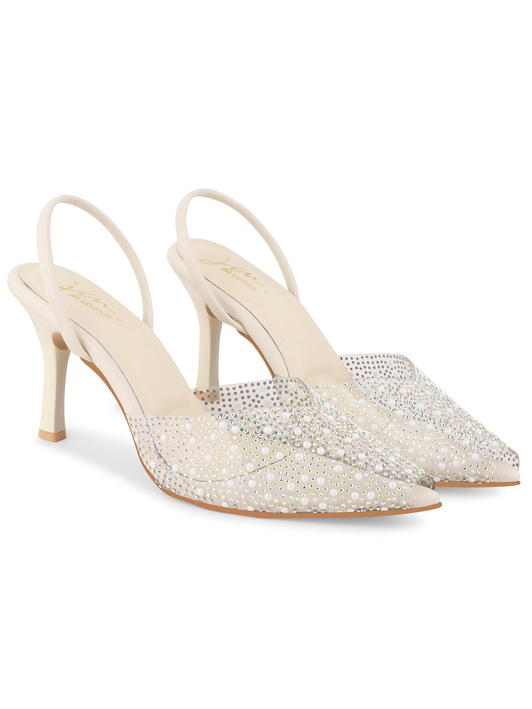 pointed toe slingback heels adorned with sparkling embellishments
Cream