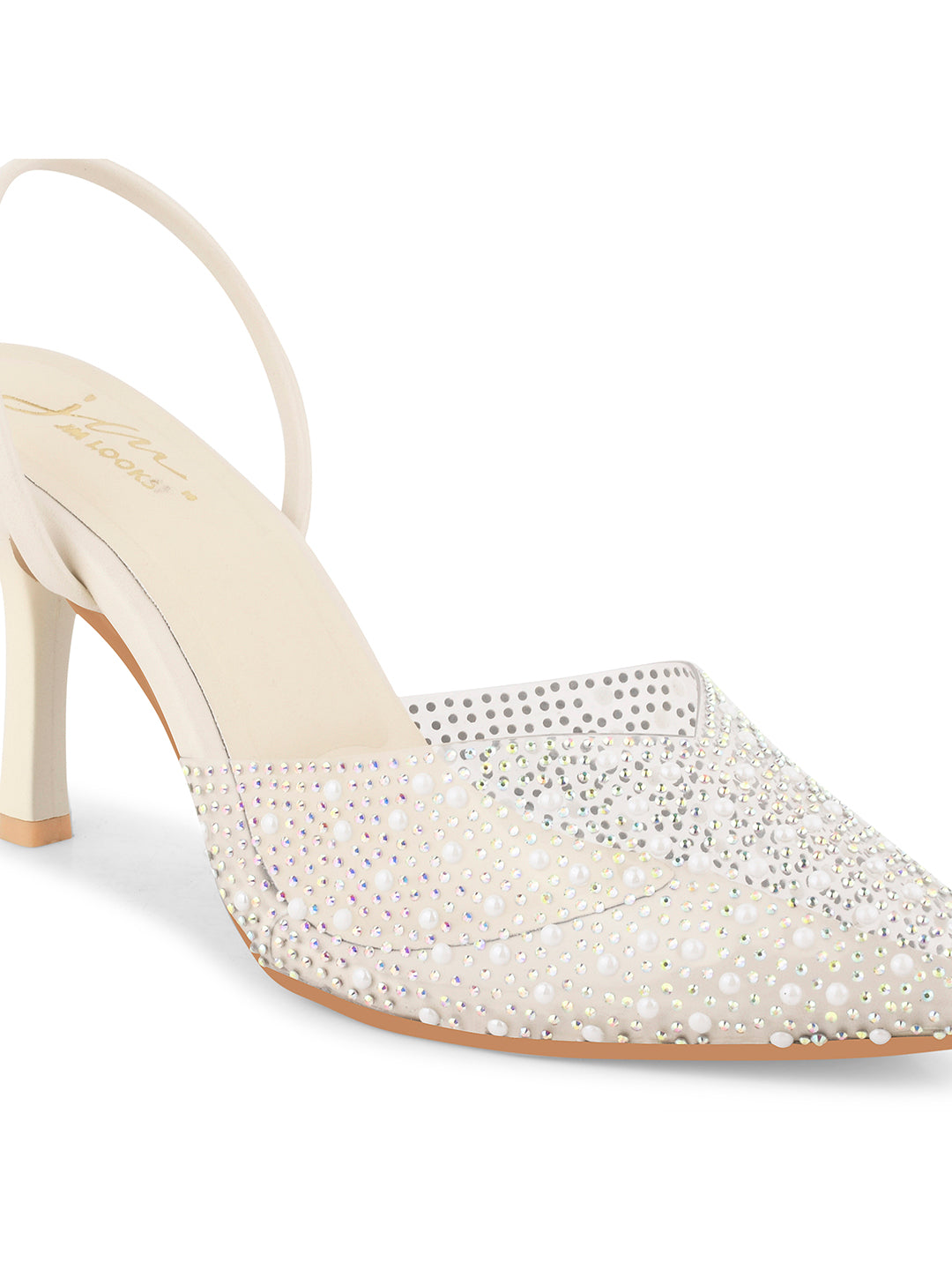 pointed toe slingback heels adorned with sparkling embellishments
Cream