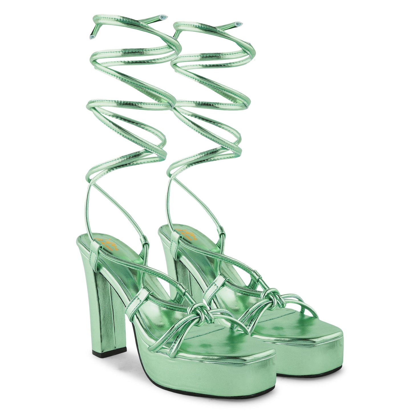 Black and White Textured Block Lace Up Heels for Women and Girls Green