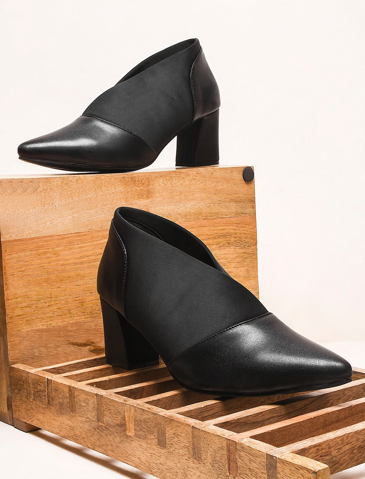 Jm Looks women's pointed toe block heel shoes with elastic side panels
Black