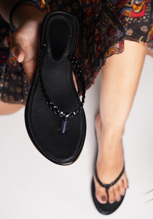 Jm Looks women's braided strap thong sandals
 Black