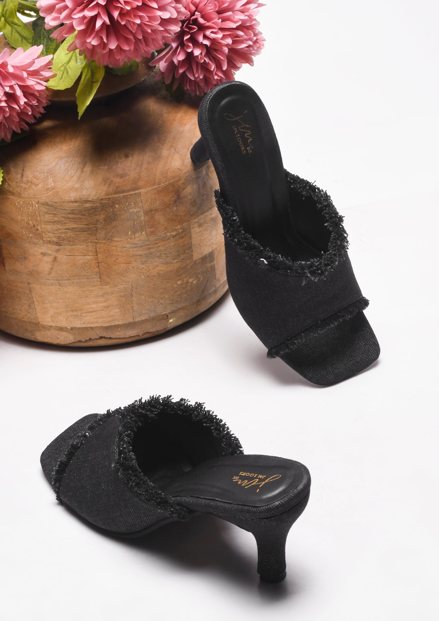 Jm Looks women's frayed edge kitten heel mules with an open toe
Black