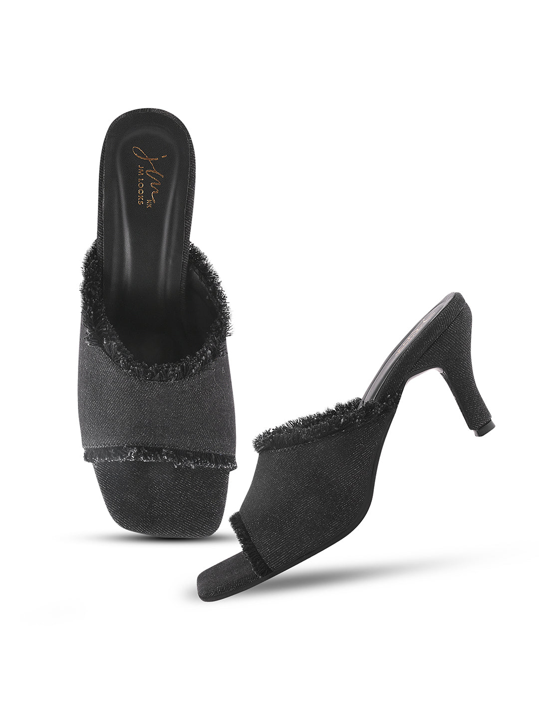Jm Looks women's frayed edge kitten heel mules with an open toe
Black