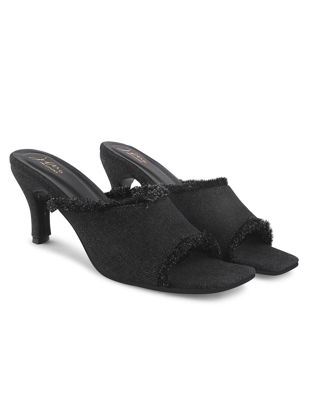 Jm Looks women's frayed edge kitten heel mules with an open toe
Black