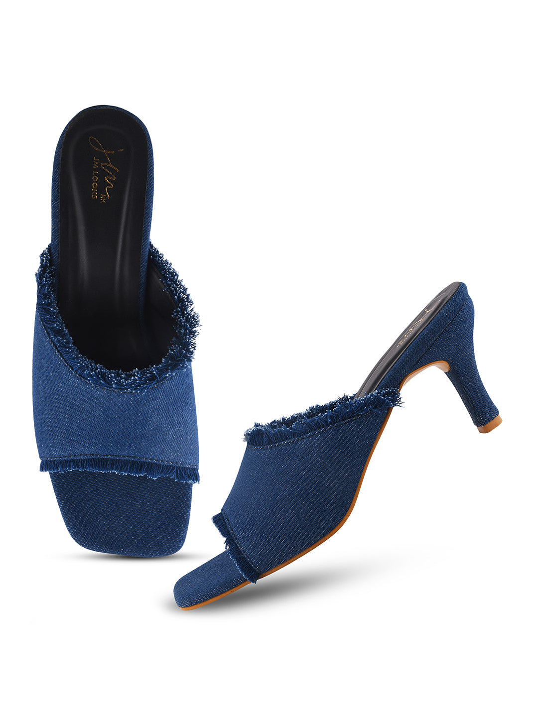 Jm Looks women's frayed edge kitten heel mules with an open toe
Blue
