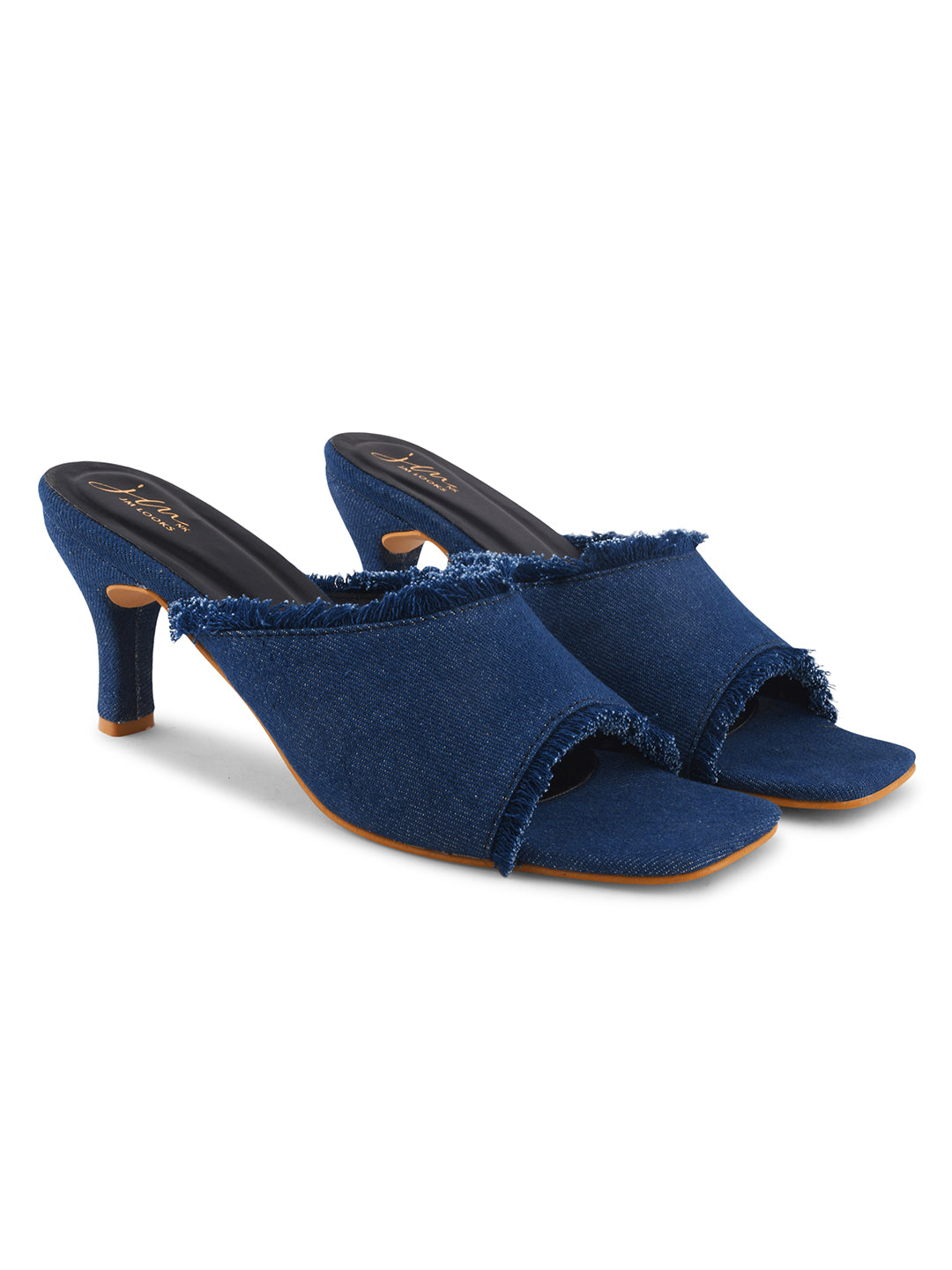 Jm Looks women's frayed edge kitten heel mules with an open toe
Blue