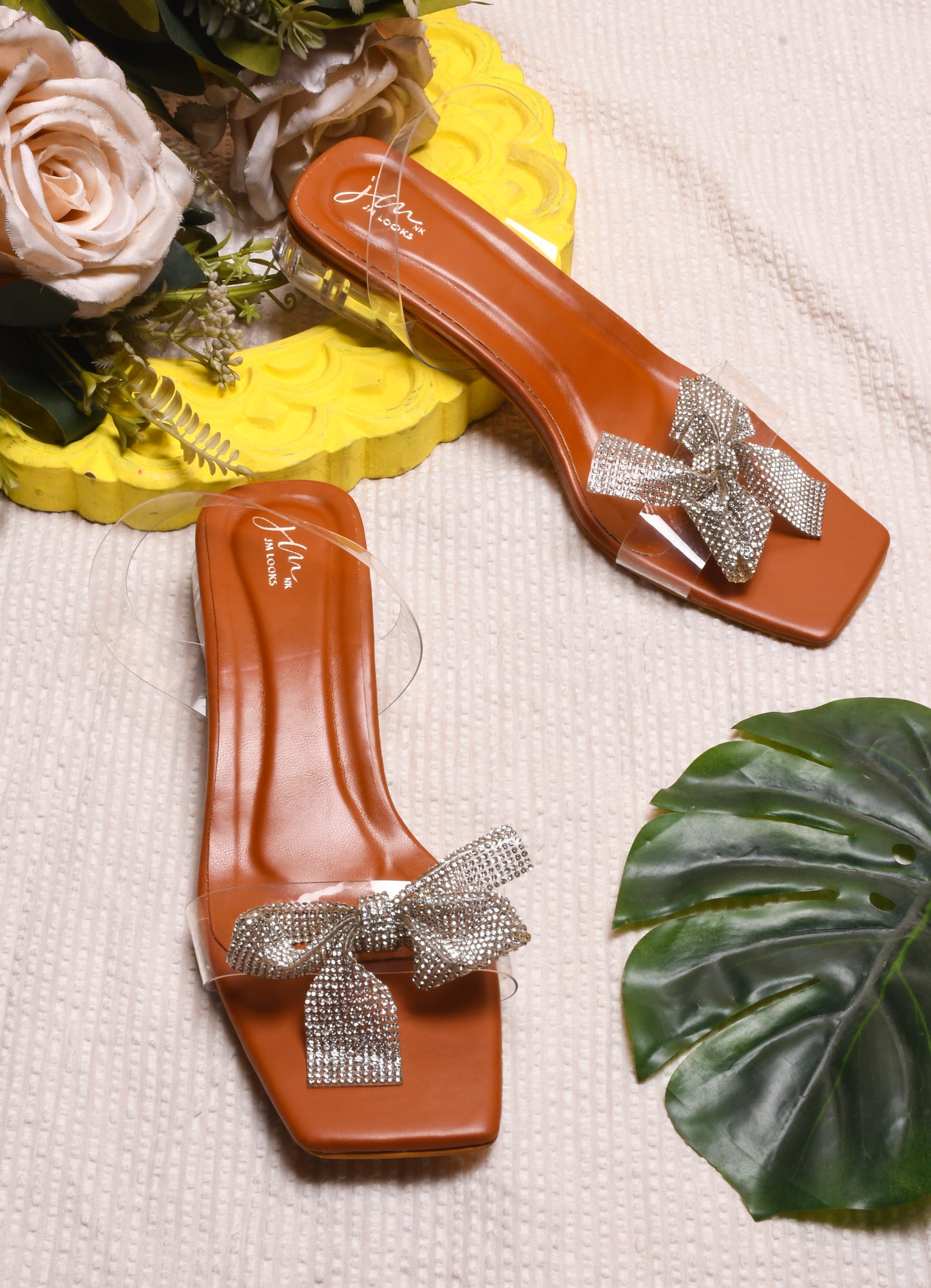 Jm Looks women's bow embellished clear heels with a transparent strap
Tan