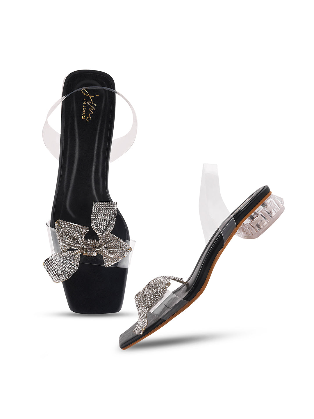 Jm Looks women's bow embellished clear heels with a transparent strap
Black