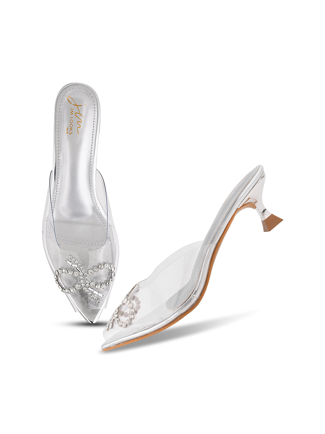 Jm Looks women's embellished clear strap heels with a decorative design
Silver