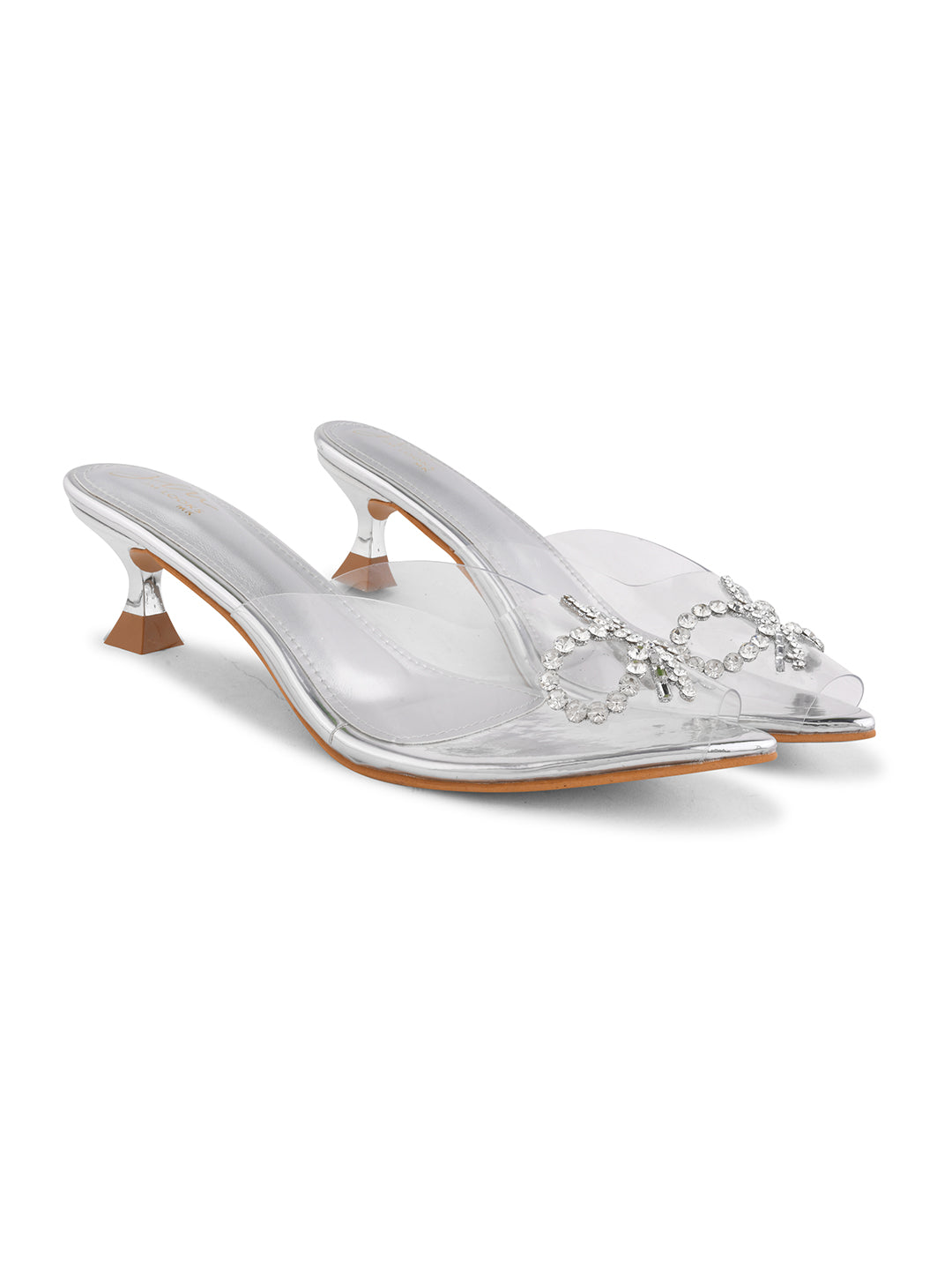 Jm Looks women's embellished clear strap heels with a decorative design
Silver