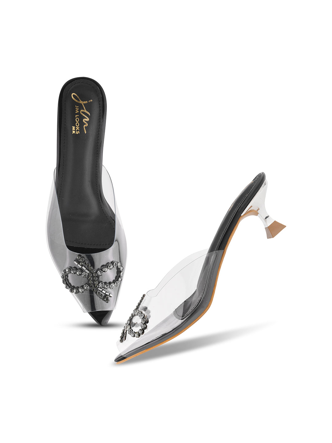 Jm Looks women's embellished clear strap heels with a decorative design
Black