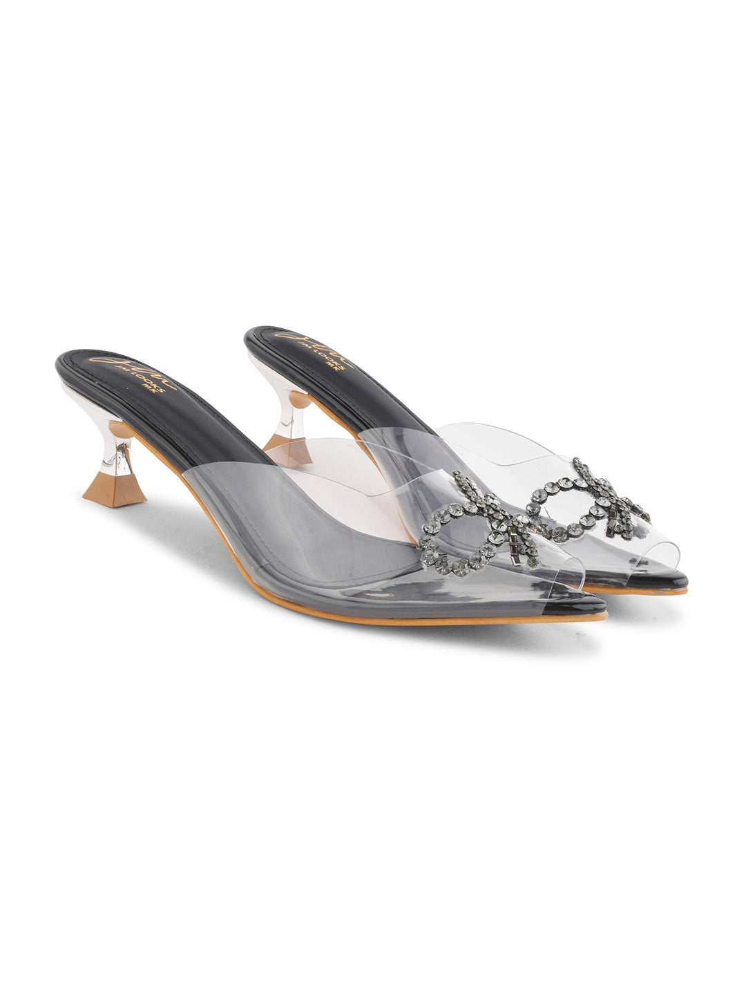 Jm Looks women's embellished clear strap heels with a decorative design
Black