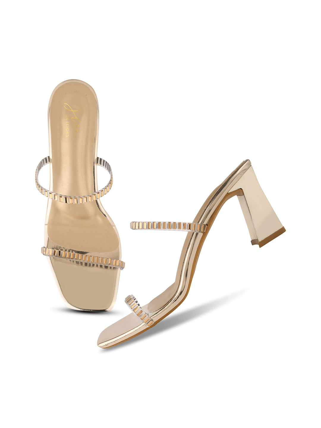 Jm Looks women's embellished block heel sandals with shimmering straps
 Gold