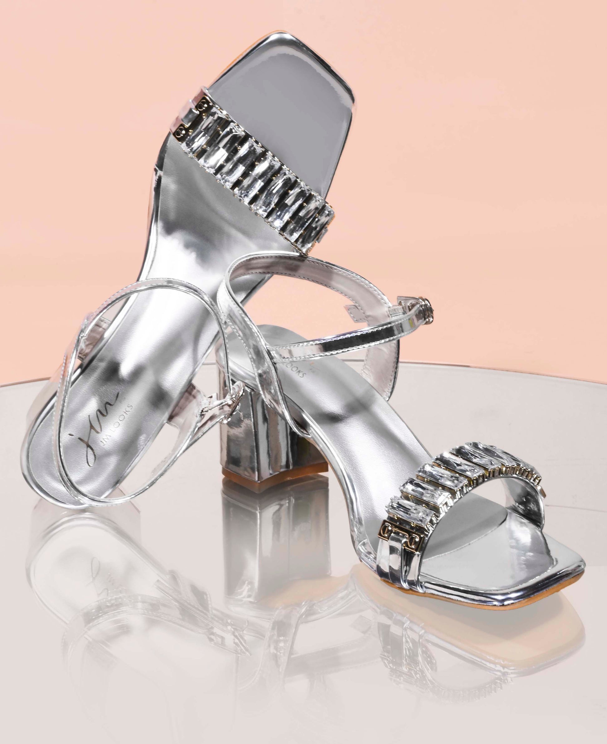 Jm Looks women's embellished block heel sandals with an ankle strap
 Silver