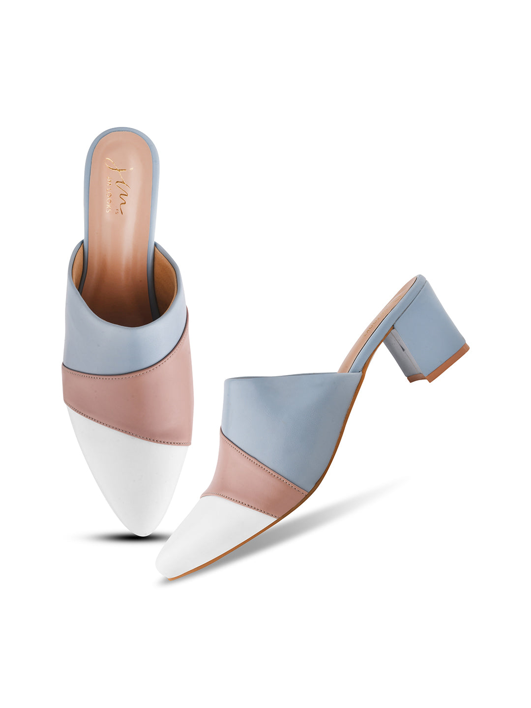 Jm Looks Women's Pointed Toe Block Heel Mules Blue