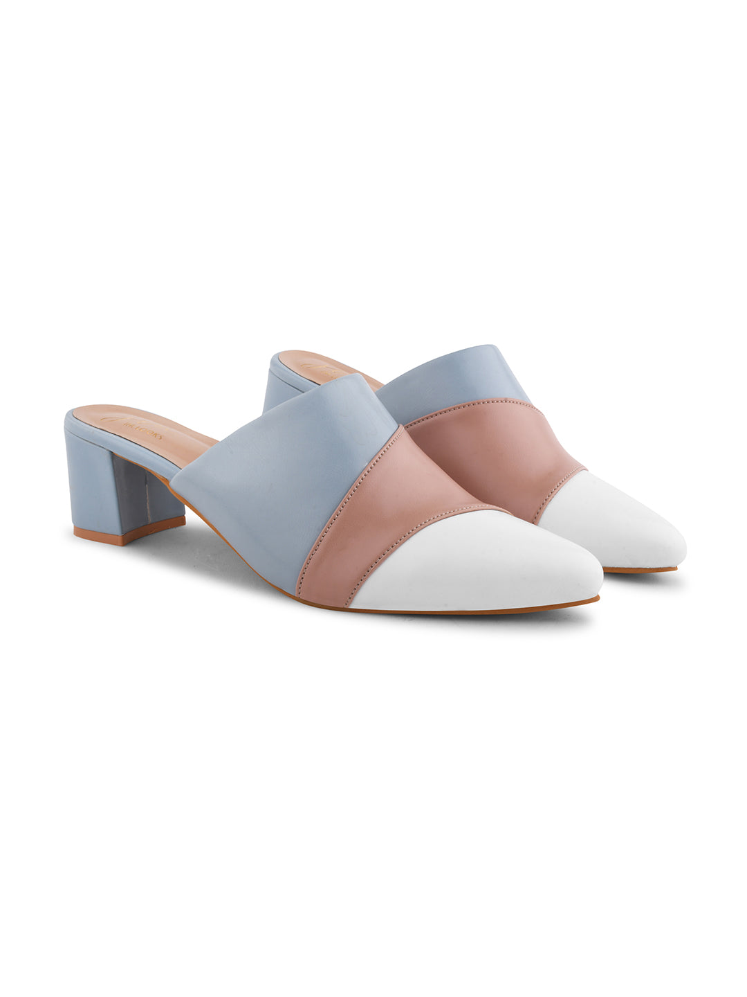 Jm Looks Women's Pointed Toe Block Heel Mules Blue