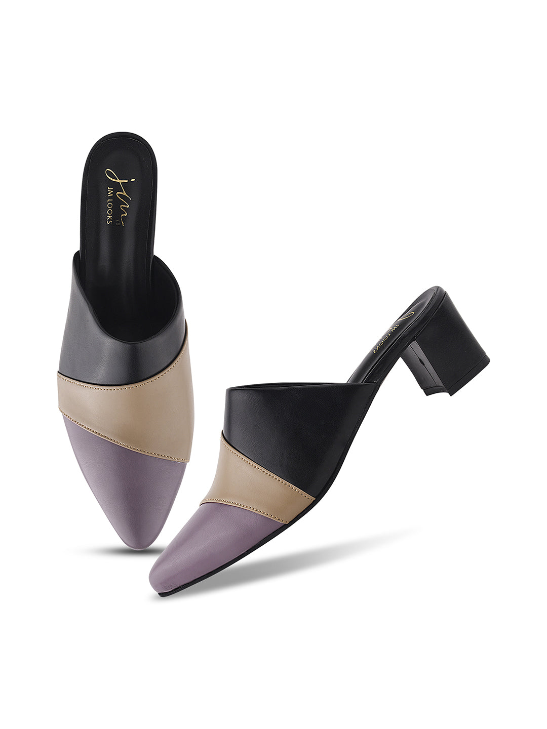Jm Looks women's pointed toe block heel mules with a unique design
Black
