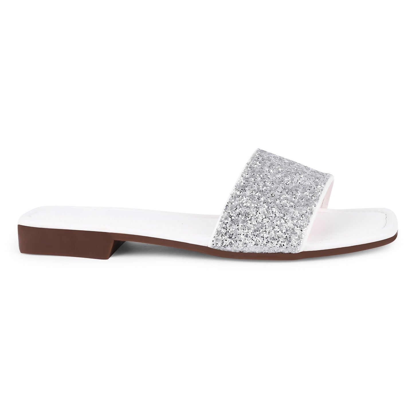 White glitter block heel sandals for women with wide strap, square open toe, slip-on flat style