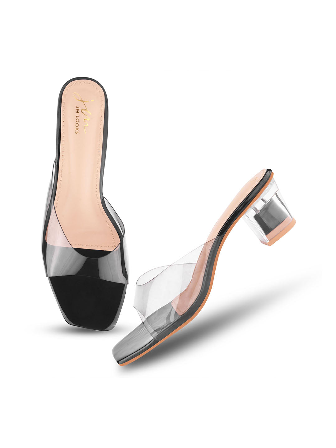 Jm Looks women's transparent strap block heels with a clear heel
Black