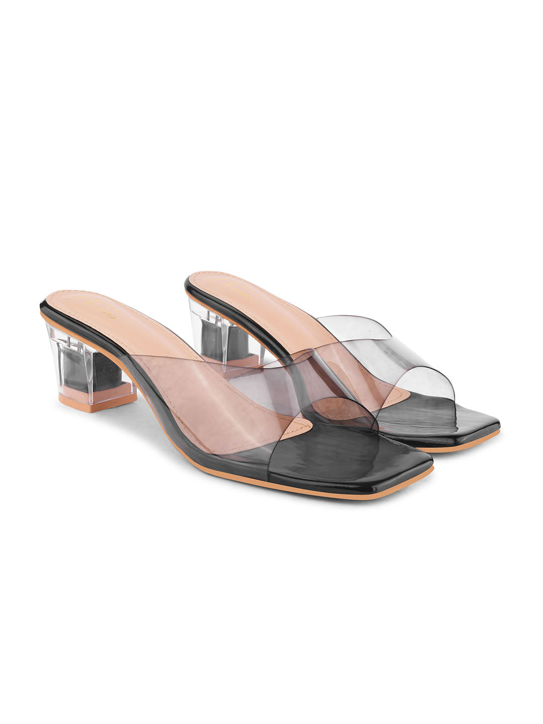 Jm Looks women's transparent strap block heels with a clear heel
Black