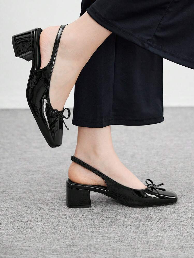 Slingback Glossy Block Heels With Bow - 10