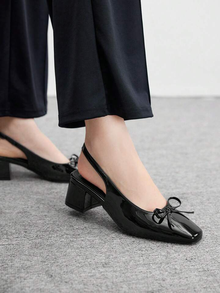 Slingback Glossy Block Heels With Bow - 12