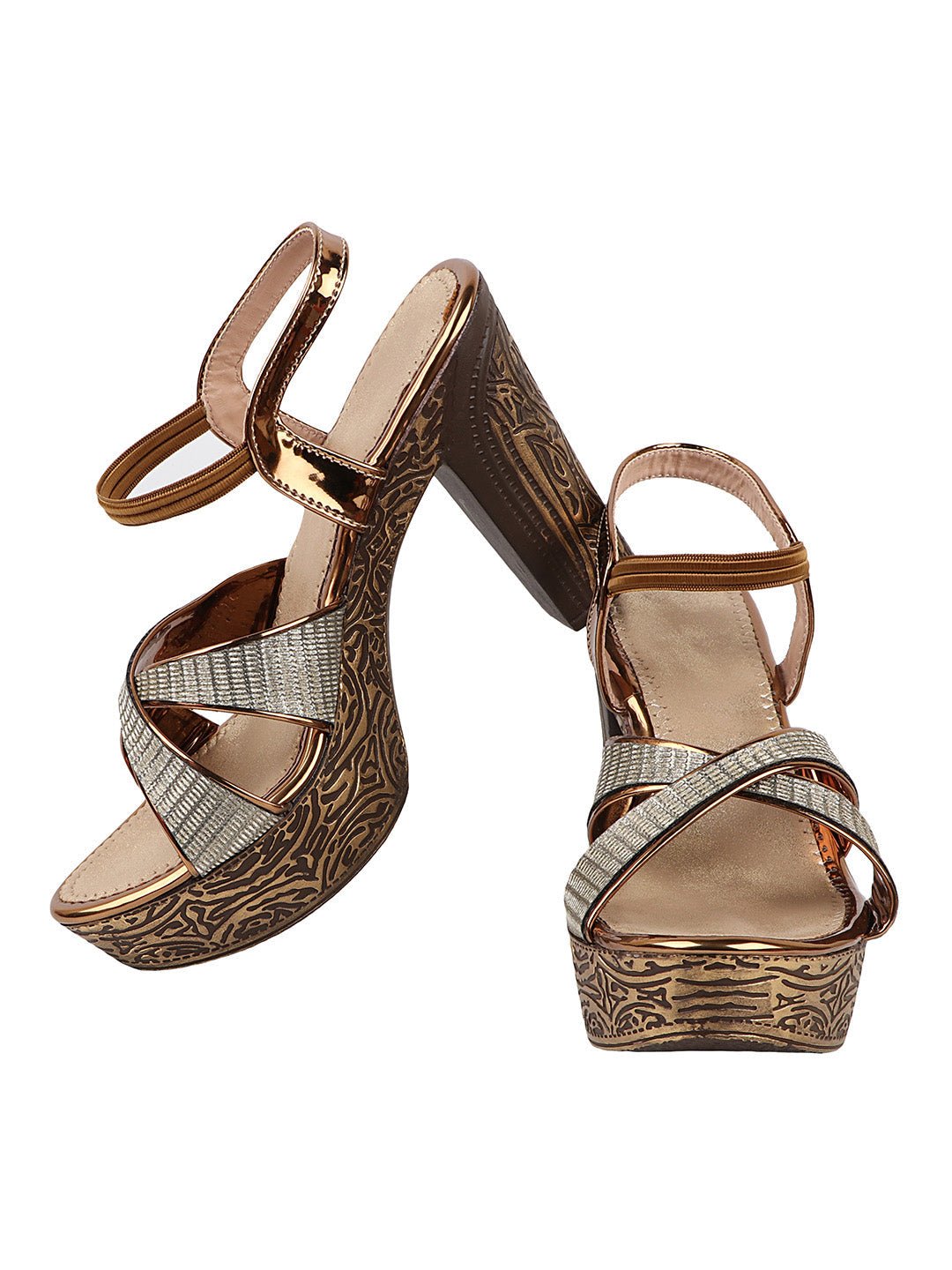 Jm Looks women's embellished block heel sandals with textured details
 Copper