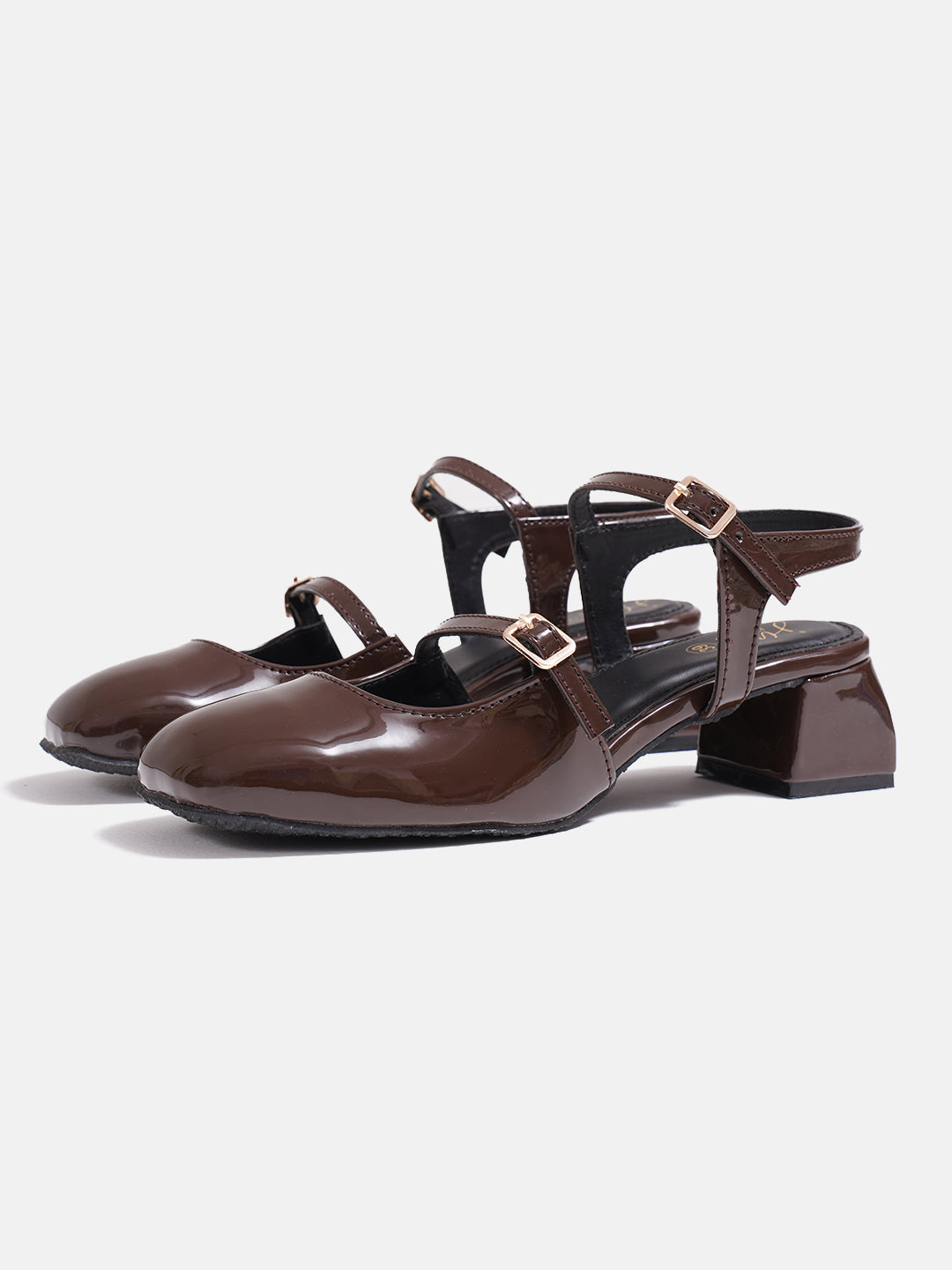 Jm Looks patent Mary Jane block heels with dual buckled straps
Brown