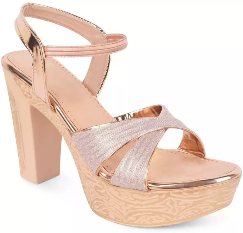 Jm Looks women's embellished block heel sandals with textured details
 Peach