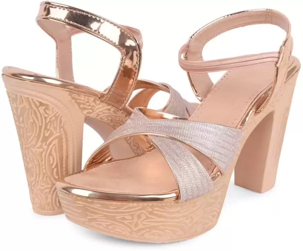 Jm Looks women's embellished block heel sandals with textured details
 Peach