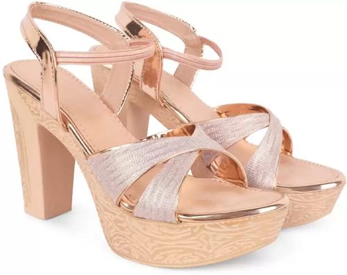 Jm Looks women's embellished block heel sandals with textured details
 Peach